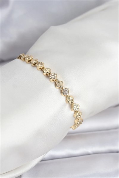 Pirinç Gold Renk VIP Seri Sıralı Yonca Model Zirkon Taşlı Kadın Bileklik