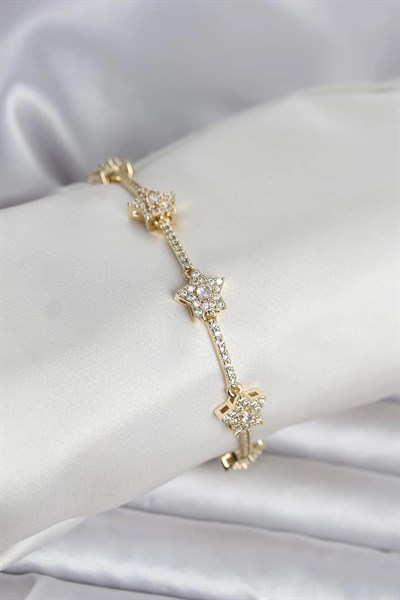 Pirinç Gold Renk Yıldız Model Zirkon Taşlı Kadın Bileklik