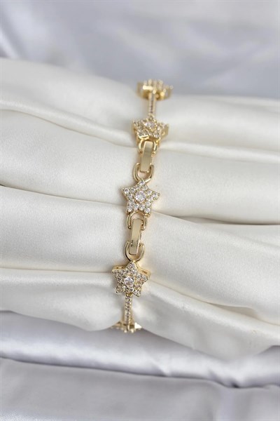 Pirinç Gold Renk Yıldız Model Zirkon Taşlı Kadın Bileklik