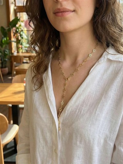 Pirinç Gold Renk Yıldızlı Kadın Y Kolye