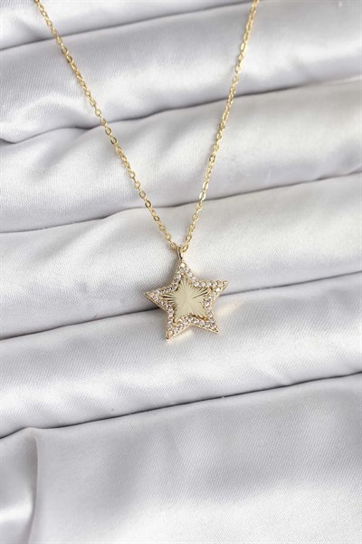 Pirinç Gold Renk Zincirli Yıldızlı Model Kadın Kolye