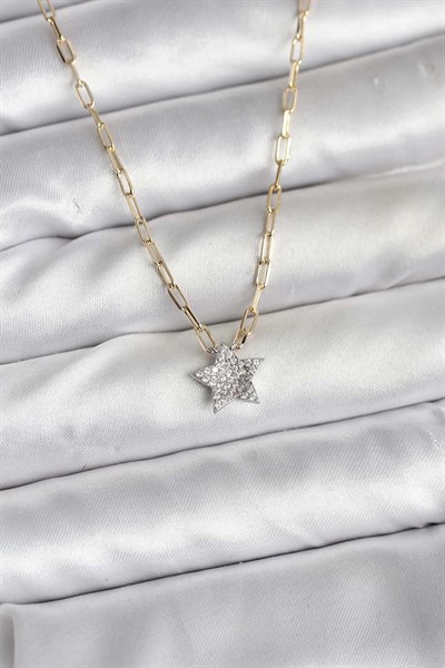Pirinç Gold Renk Zincirli Zirkon Taşlı Minimal Yıldız Model Kadın Kolye