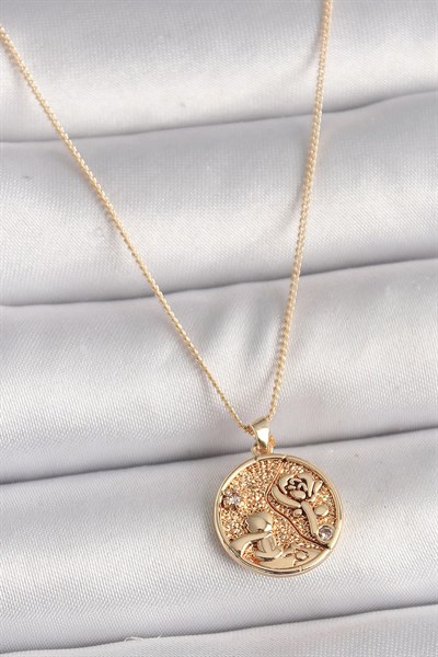 Pirinç Gold Renk Zirkon Taş Detaylı Gül İşleme Madalyon Model Kadın Kolye