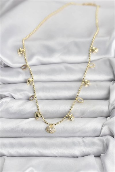 Pirinç Gold Renk Zirkon Taşlı Deniz Kabuğu Model Kadın Kolye