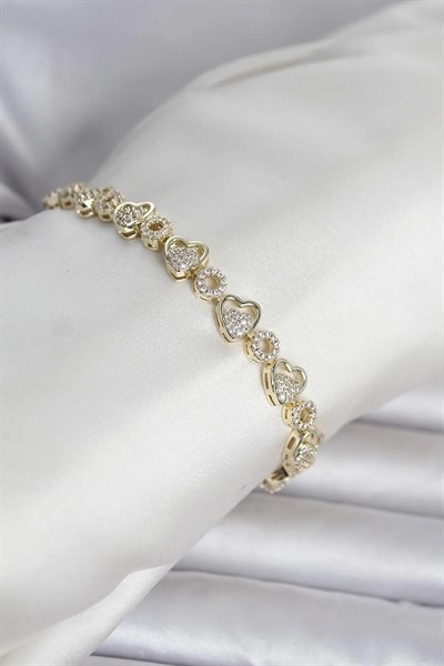 Pirinç Gold Renk Zirkon Taşlı Kalp Model Kadın Bileklik