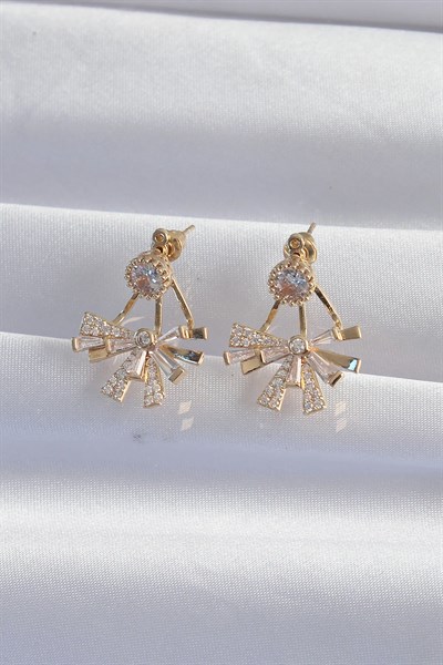 Pirinç Gold Renk Zirkon Taşlı Yassı Fiyonk Model Küpe