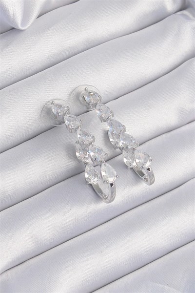 Pirinç Gümüş Renk Damla Zirkon Taş Tasarımlı Küpe