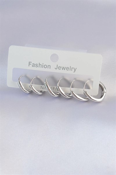 Pirinç Gümüş Renk Oval Küpe Seti