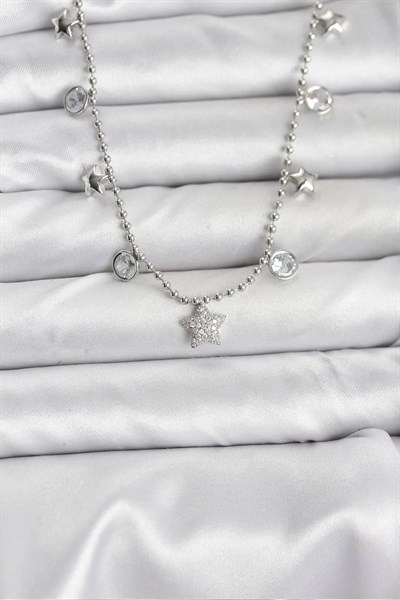 Pirinç Gümüş Renk Yıldız Model Kadın Kolye