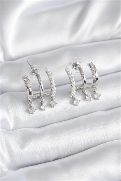 Pirinç Gümüş Renk Zirkon Taş Detay İncili Kadın Küpe