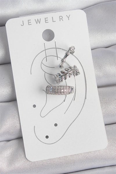 Pirinç Gümüş Renk Zirkon Taşlı 3Lü Model Yaprak Figür Kadın Kıkırdak Küpe