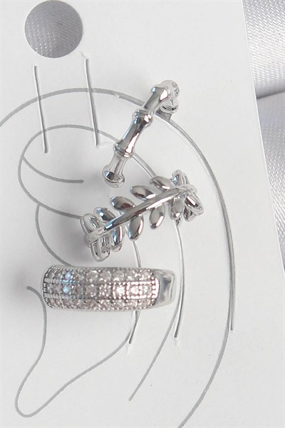 Pirinç Gümüş Renk Zirkon Taşlı 3Lü Model Yaprak Figür Kadın Kıkırdak Küpe