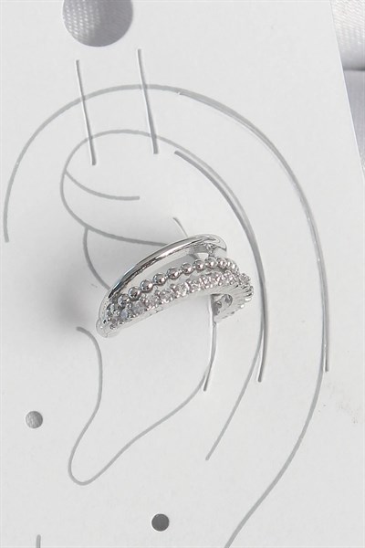 Pirinç Gümüş Renk Zirkon Taşlı 3Lü Sıralı Kadın Kıkırdak Küpe