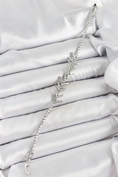 Pirinç Gümüş Renk Zirkon Taşlı Balık Sırtı Kadın Bileklik