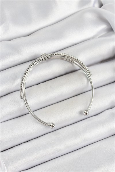 Pirinç Gümüş Renk Zirkon Taşlı Kalp Detaylı Kadın Bileklik