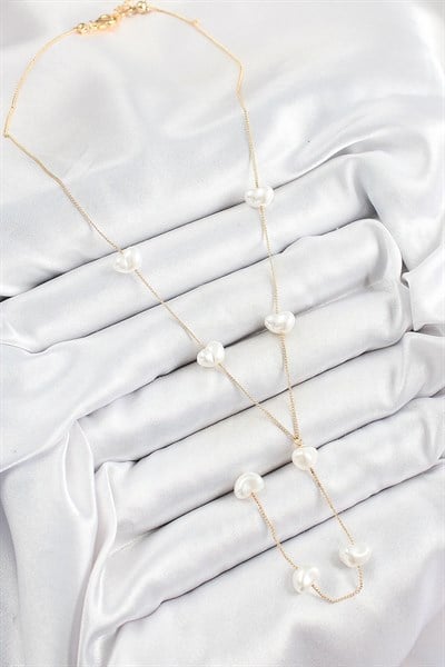 Pirinç İncili Kalp Figürlü Y Model Gold Renk Kadın Kolye