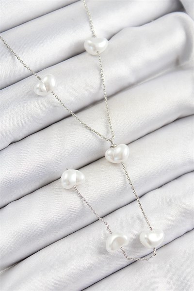 Pirinç İncili Kalp Figürlü Y Model Gümüş Renk Kadın Kolye