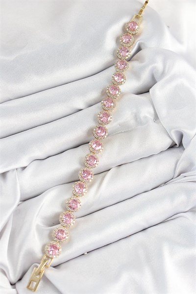 Pirinç Pembe Zirkon Taşlı Daire Baget Model Gold Renk VIP Seri Kadın Bileklik