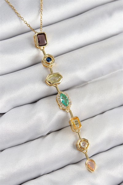 Pirinç Renkli Zirkon Taşlı Model Gold Renk 7 Element Kadın Y Kolye