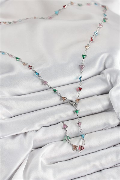 Pirinç Renkli Zirkon Taşlı Üçgen Model Gümüş Renk Kadın Y Kolye