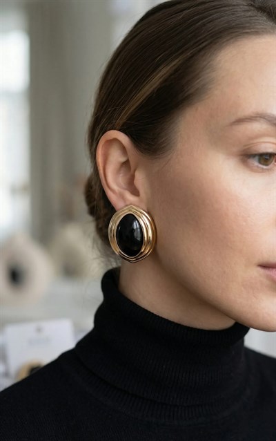 Pirinç Siyah Badem Model Vintage Gold Kadın Küpe