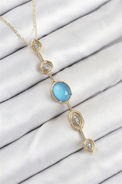 Pirinç Zincir Mavi Gold Renk Zirkon Taşlı Y Kolye