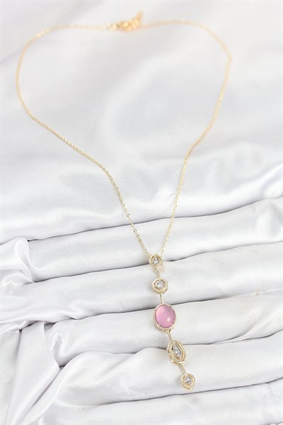 Pirinç Zincir Pembe Gold Renk Zirkon Taşlı Y Kolye