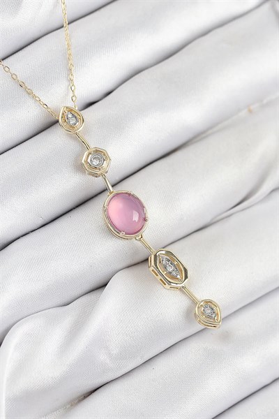Pirinç Zincir Pembe Gold Renk Zirkon Taşlı Y Kolye