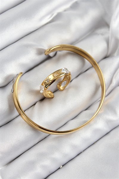 Pirinç Zirkon Taşlı Ayrık Model Gold Renk Bileklik Yüzük Set