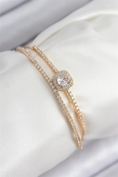 Pirinç Zirkon Taşlı Baget Model Gold Renk Kadın Bileklik