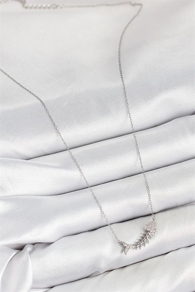 Pirinç Zirkon Taşlı Balık Kılçığı Model Gümüş Renk Kadın Kolye