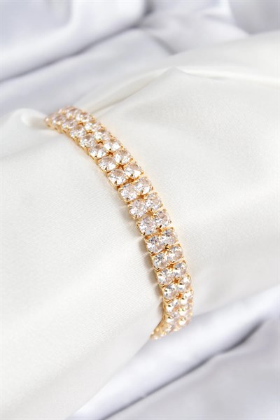 Pirinç Zirkon Taşlı Çift Sıra Kare Model Gold Renk Asansörlü Kadın Bileklik