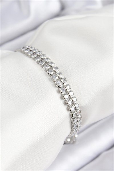 Pirinç Zirkon Taşlı Çift Sıra Model Gümüş Renk Asansörlü Kadın Bileklik