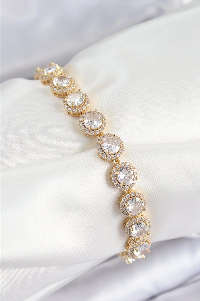 Pirinç Zirkon Taşlı Daire Baget Model Gold Renk VIP Seri Kadın Bileklik