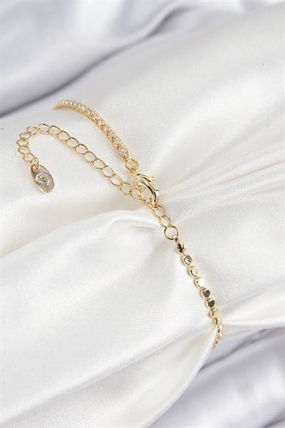 Pirinç Zirkon Taşlı Damla Model Ezme Zincir Gold Renk Kadın Bileklik