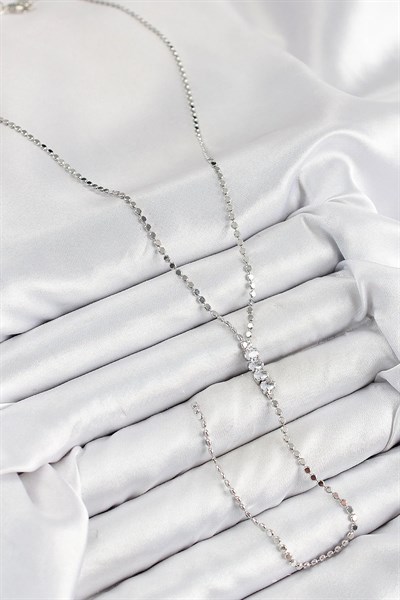 Pirinç Zirkon Taşlı Ezme Zincirli Model Gümüş Renk Y Kolye