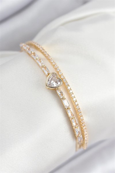 Pirinç Zirkon Taşlı Kalp Model Gold Renk Kadın Bileklik