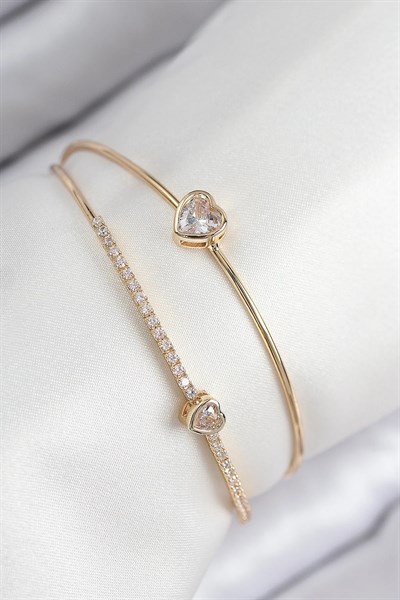 Pirinç Zirkon Taşlı Kalp Model Gold Renk Kadın Bileklik