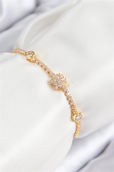 Pirinç Zirkon Taşlı Kar Tanesi Model Gold Renk Asansörlü Kadın Bileklik