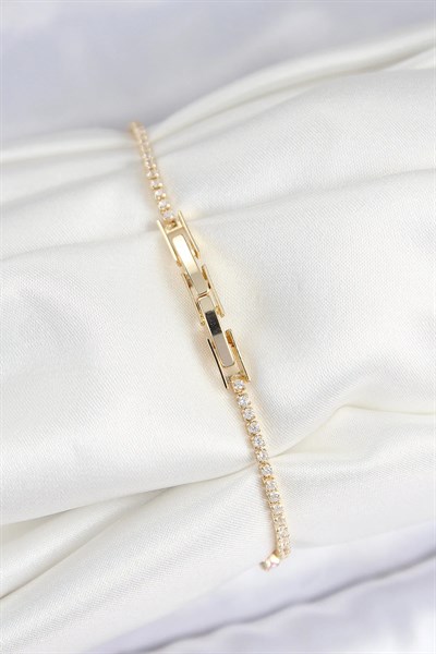 Pirinç Zirkon Taşlı Kare Model Gold Renk Kadın Bilekilk