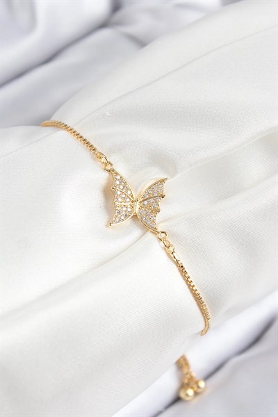 Pirinç Zirkon Taşlı Kelebek Model Gold Renk Asansörlü Kadın Bileklik