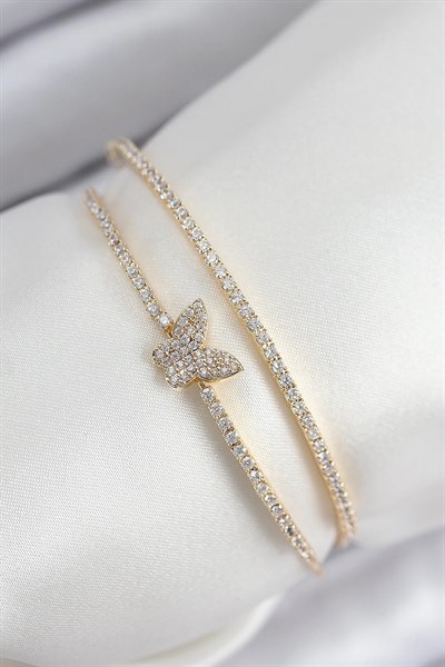 Pirinç Zirkon Taşlı Kelebek Model Gold Renk Kadın Bileklik