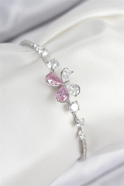 Pirinç Zirkon Taşlı Kelebek Model Gümüş Renk Kadın Bileklik