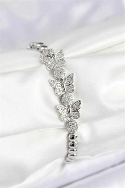 Pirinç Zirkon Taşlı Kelebek Model Gümüş Renk Kadın Bileklik