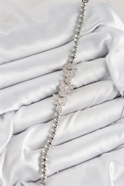 Pirinç Zirkon Taşlı Kelebek Model Gümüş Renk Kadın Bileklik