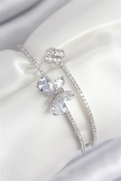 Pirinç Zirkon Taşlı Kelebek Ve Yonca Model Gümüş Renk Kadın Bileklik