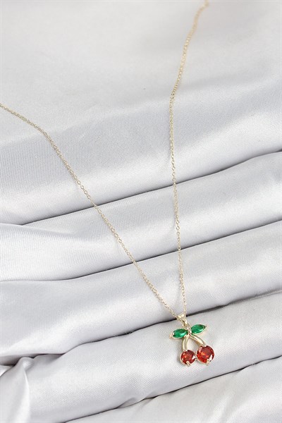 Pirinç Zirkon Taşlı Kiraz Model Gold Renk Kadın Kolye