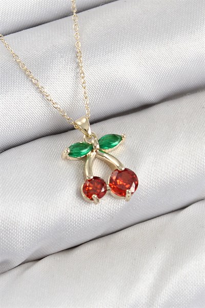 Pirinç Zirkon Taşlı Kiraz Model Gold Renk Kadın Kolye