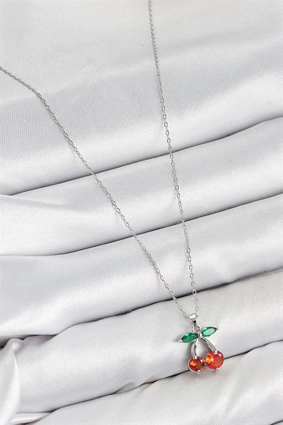Pirinç Zirkon Taşlı Kiraz Model Gümüş Renk Kadın Kolye