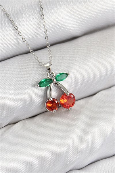 Pirinç Zirkon Taşlı Kiraz Model Gümüş Renk Kadın Kolye
